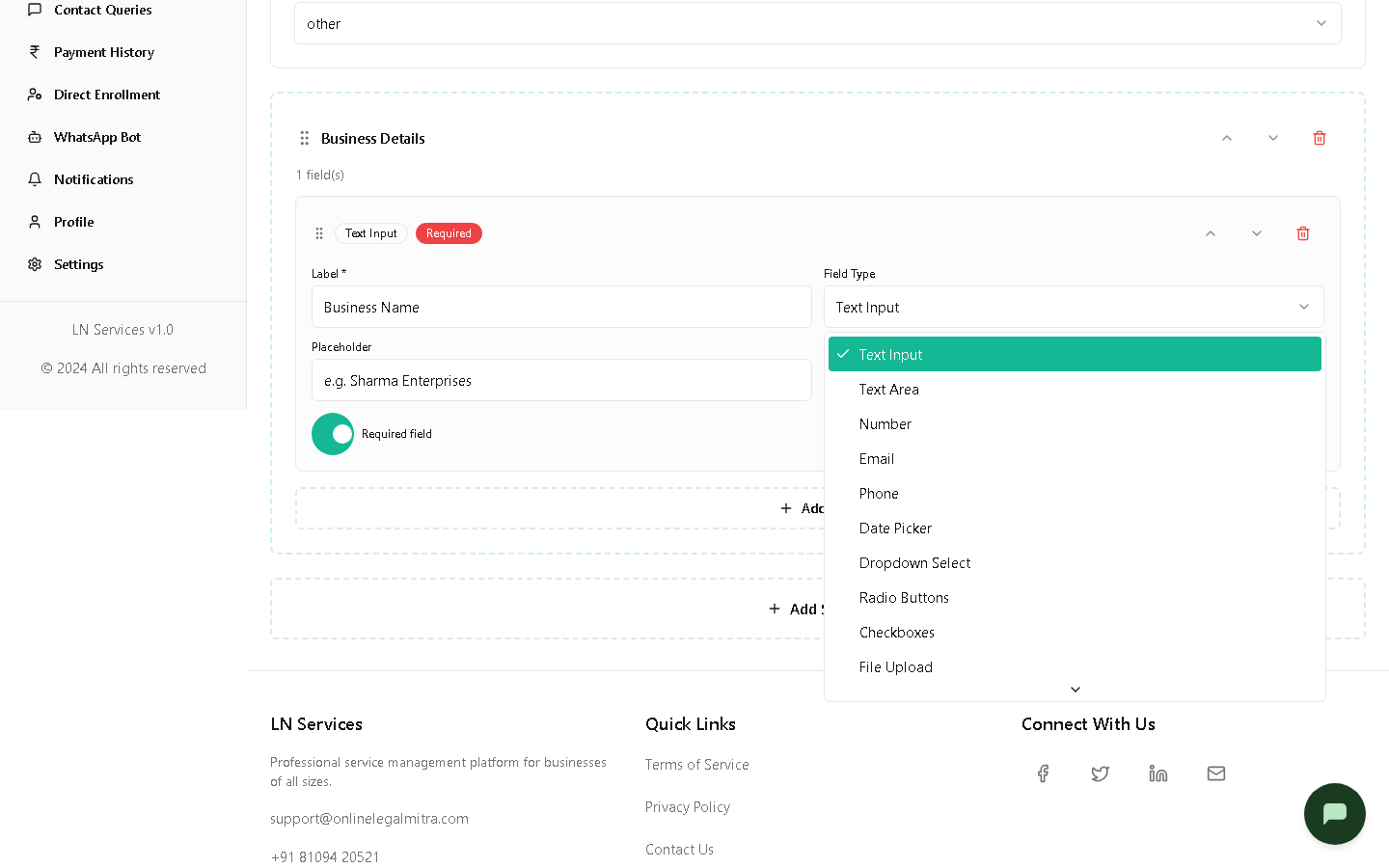 Field Type dropdown — all 11 options