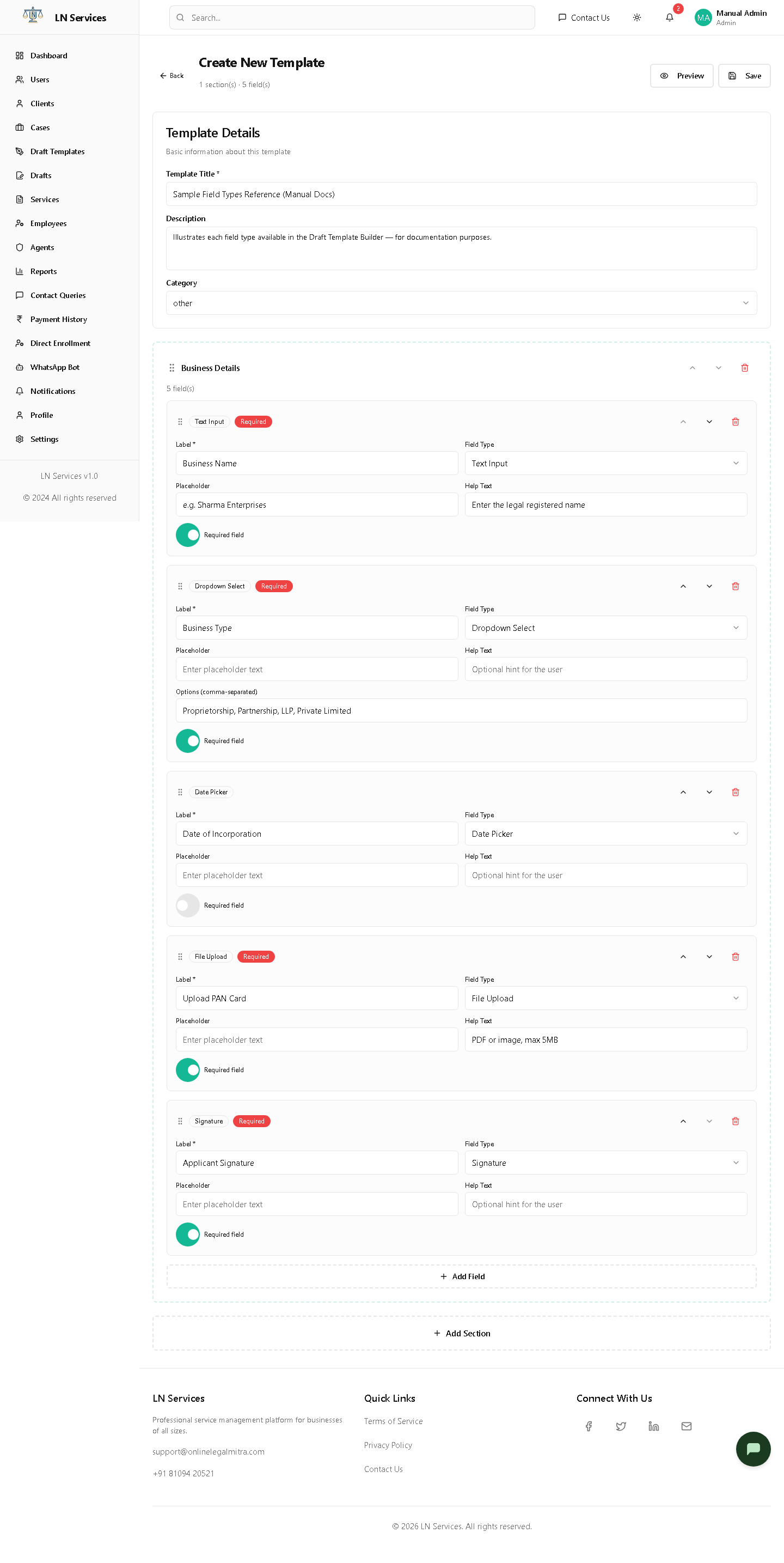 A configured section — five different field types
