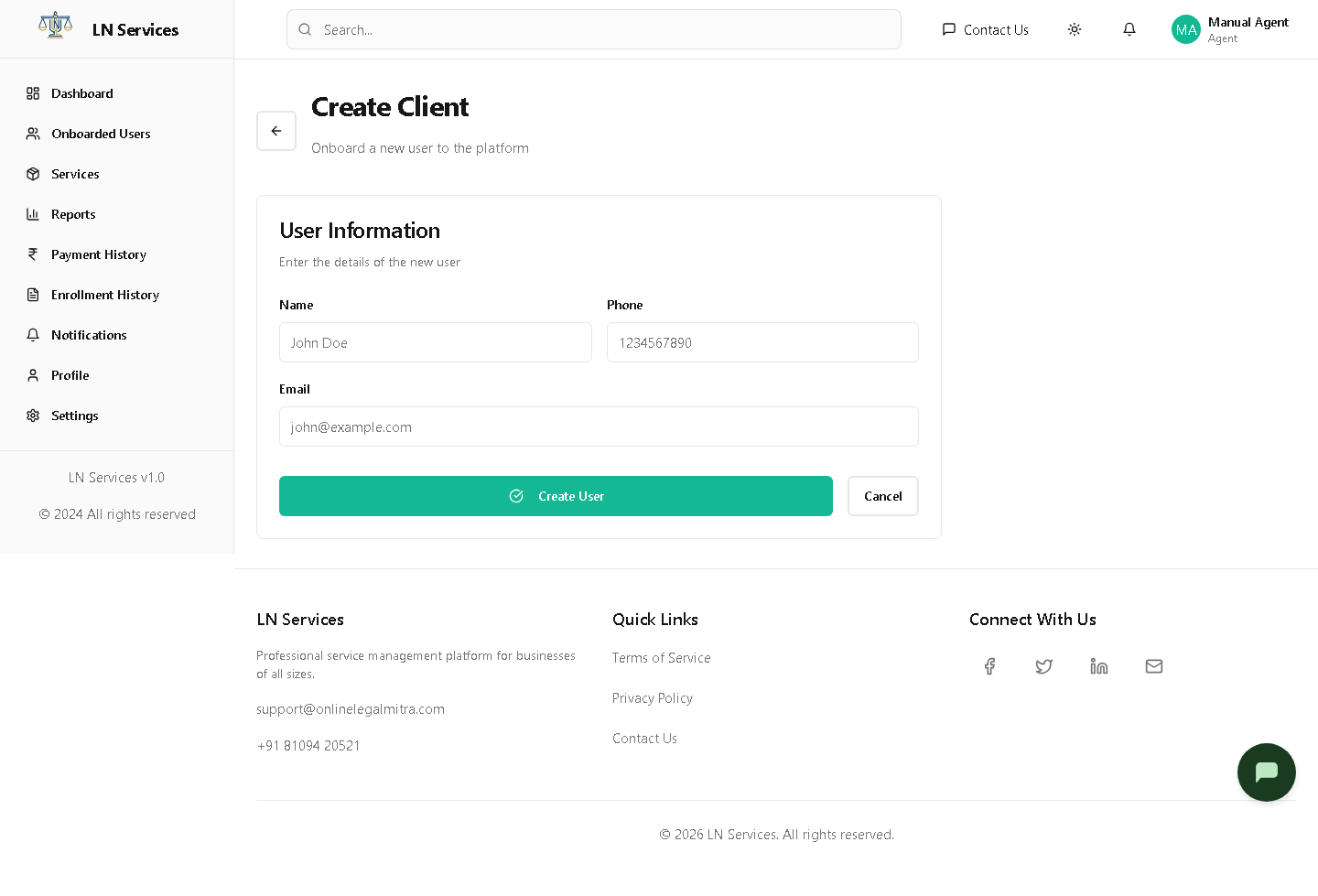 Create Client page