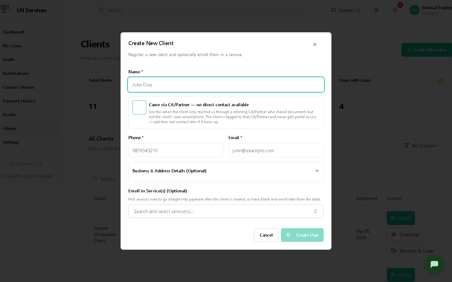 Create New Client dialog