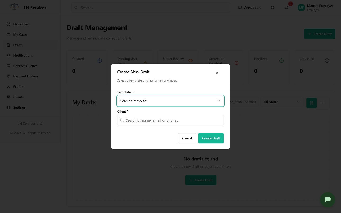 Create New Draft dialog