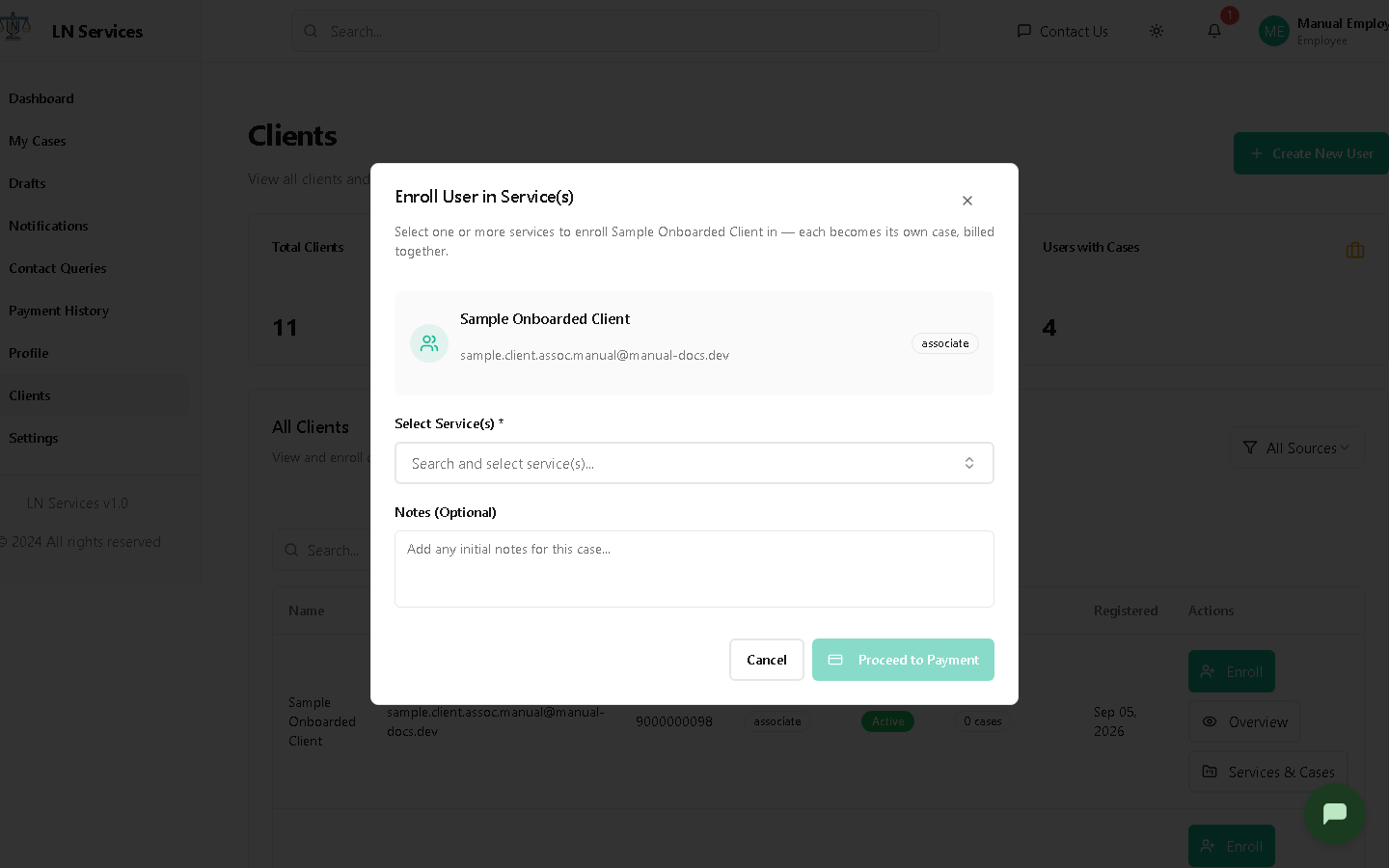 Enroll User in Service(s) dialog