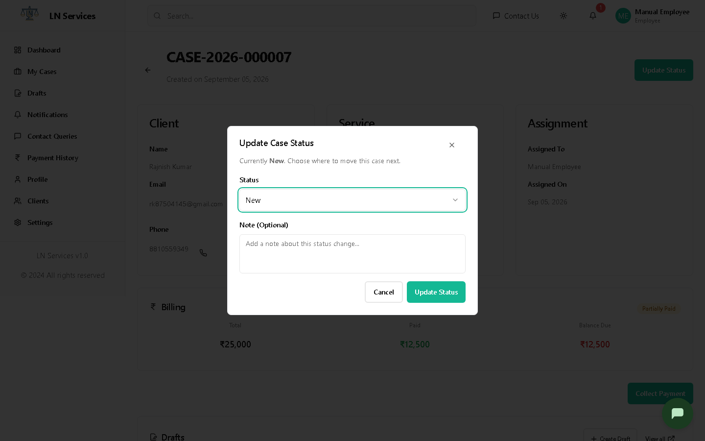 Update Case Status dialog